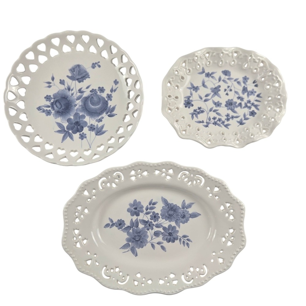 Vintage Blue Floral Cottagecore French Country Serving Plate Wall Decor Set